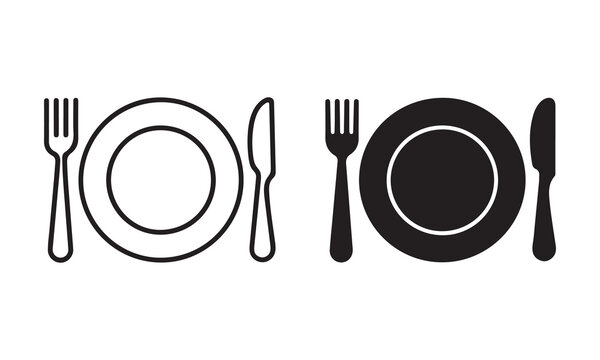 Cutlery vector icon . empty plate . fork, knife sign . black outline and filled version
