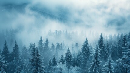 Obraz premium Winter season. Misty landscape with fir forest in hipster vintage retro style