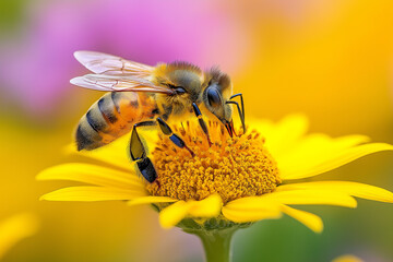 Honeybee collecting nectar on yellow flower