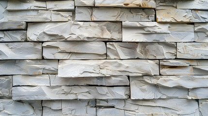 Textured white stone wall with layered bricks, showcasing unique patterns and details