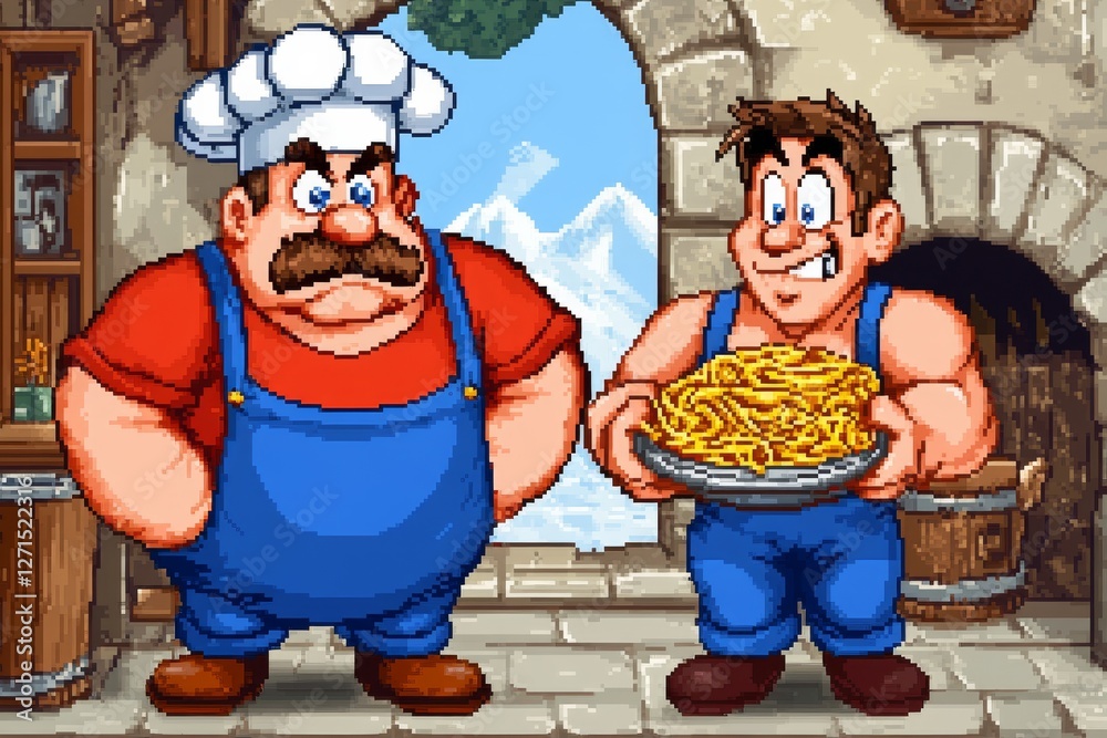 Poster a pixelated 8-bit pasta shop, where tiny pixel chefs prepare spaghetti and lasagna in a classic vide