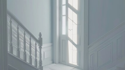 Fototapeta premium Sunlit Staircase and Doorway in a Serene White Interior