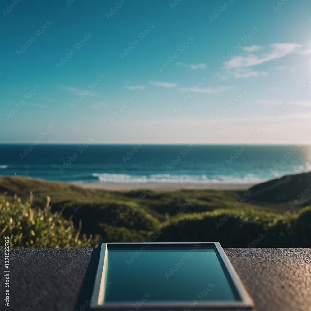 Poster a tablet sits on a ledge with a stunning view of the beach and ocean. the sun sets, casting a warm g