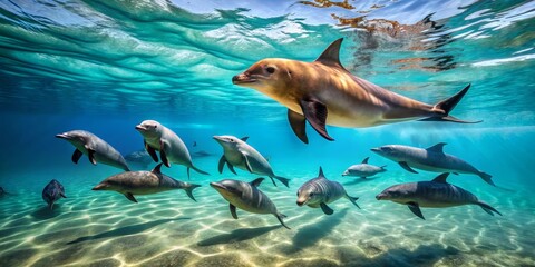 Obraz premium A pod of dolphins gracefully swims in a vibrant, sunlit ocean, their sleek bodies glistening beneath the surface