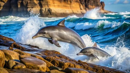 Oceanic Duo Leaps Through a Frothy Wave Cascade Near a Rocky Shoreline