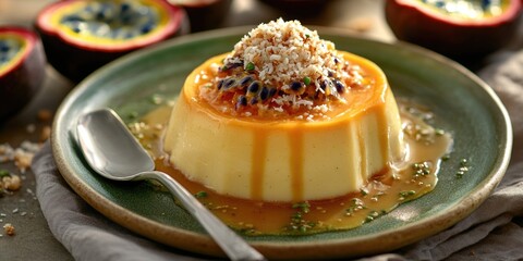 This is a deliciously creamy dessert that features tropical fruits. It's served in a colorful bowl and garnished with nutmeg.