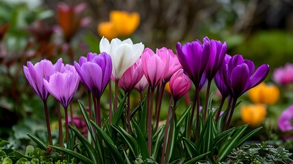 Closeup of Colorful Crocus Blossoms in a Spring Garden
