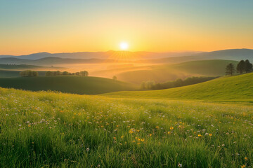 Fototapeta premium Sun rising over green fields and wildflowers