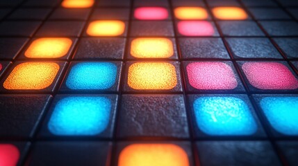 Colorful glowing tiles floor, abstract background, digital art, website design