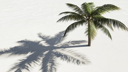 Isolated palm tree casting a striking shadow on bright white sand in a serene tropical beach environment during daytime