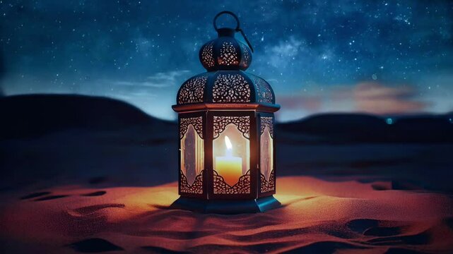 Islamic Candlelight lanterns on the sand with moving sky background