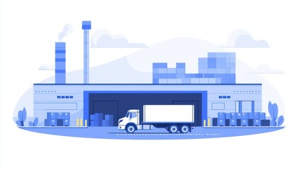 Inventory management. Warehouse scene with a truck loading in a blue-toned illustration.