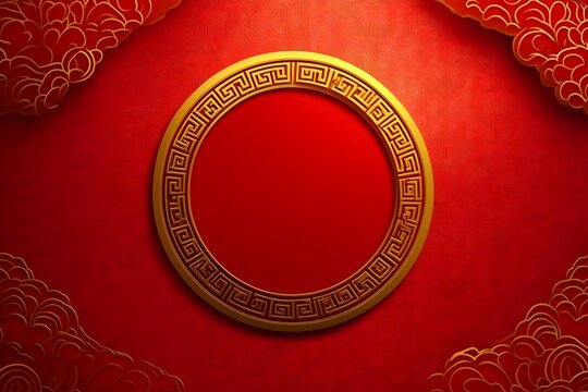 Golden asian chinese new year celebration frame background, abstract red Japanese cloud wave art pattern design backdrop, traditional lunar festival empty rectangle border wallpaper