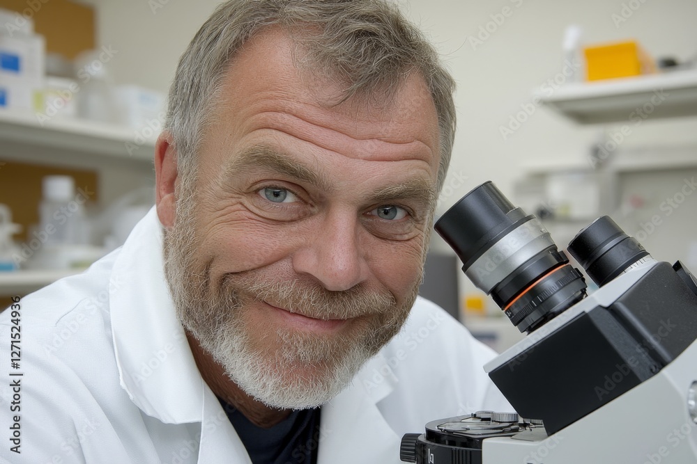 Poster A scientist in a laboratory examining virus samples under a microscope