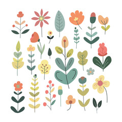Set of  flowers, leaf, branch, flat, isolated,colorful, vector illustration, design