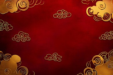 Golden asian chinese new year celebration frame background, abstract red Japanese cloud wave art pattern design backdrop, traditional lunar festival empty rectangle border wallpaper