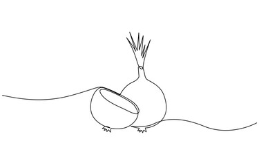 Continuous one line onion for grocery store, Continuous one line drawing of onion for grocery store. One line drawing illustration of red onion vegetable.