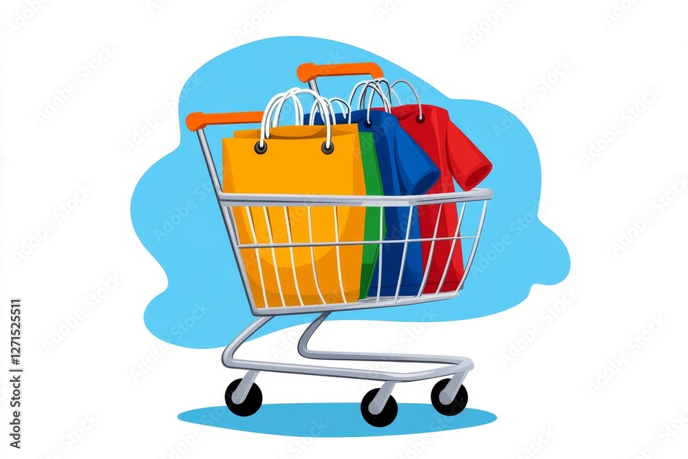 Poster a simple vector illustration of an online shopping cart with various merchandise items ready for che