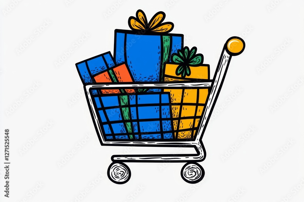 Poster a simple vector illustration of an online shopping cart with various merchandise items ready for che