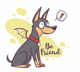The funny doberman with red collar. Cute and kind dog is looking for a friends. 