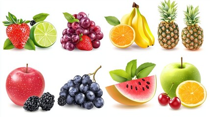 A delightful variety of sweet fruits including strawberries, juicy grapes, refreshing limes, and bright oranges, all beautifully arranged in an appealing fashion. Perfect for a summer feast