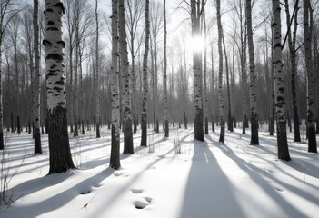 Sunlit birch forest floor covered in snow, footprints visible