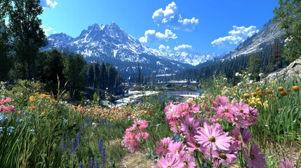 Vibrant Wildflowers in a Scenic Mountain Landscape Under a Clear Blue Sky with Majestic Peaks and Lush Greenery