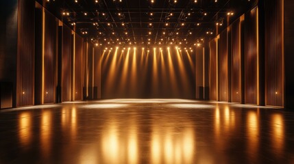 Fototapeta premium Spacious, empty concert stage with golden highlights on sleek black surfaces, modern aesthetic, no instruments or performers