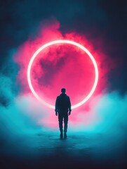Fototapeta premium Mysterious Figure Standing Before Glowing Neon Circle