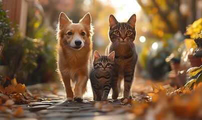 Adorable Dog and Cats Walking Together on a Sunny Autumn Pathway