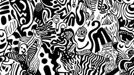 Obraz premium Stylized minimalist doodle background featuring unique abstract patterns in black and white. This artwork evokes creativity and imagination through its intricate designs