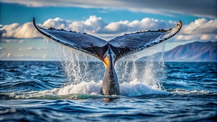 Fototapeta premium Ocean Majesty A Whale's Fluke Breaks the Surface, Creating a Spectacular Display of Water and Light