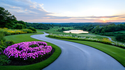 Scenic golf course sunset path