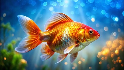 Fototapeta premium Adorable Chubby Ranchu Goldfish Swimming, Copy Space Left, Pet Fish Stock Photo