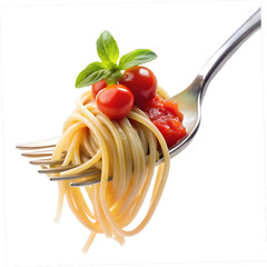 spaghetti with tomato sauce on fork