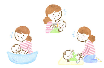 慌てたり不安になりながら赤ちゃんのお世話をする母親の手描きイラストセット