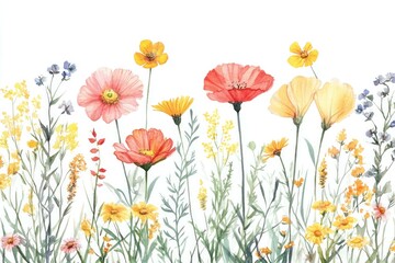 Fototapeta premium Beautiful summer wildflower illustration with vibrant colors, featuring pink, red, yellow, and purple blooms, conveying a fresh and cheerful atmosphere