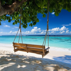 Tropical beach swing, ocean view, relaxation, serene getaway, vacation