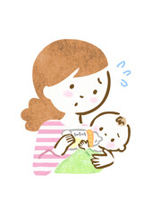 困った表情で赤ちゃんにミルクをあげている母親の手描きイラスト