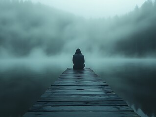 Lone Figure Sitting Peacefully on a Misty Dock over Calm Waters