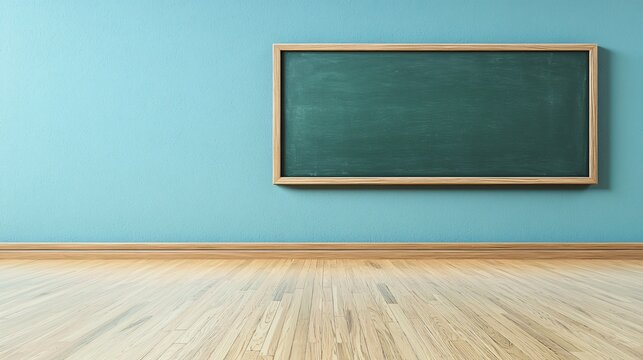 Empty classroom, chalkboard wall, wood floor, learning