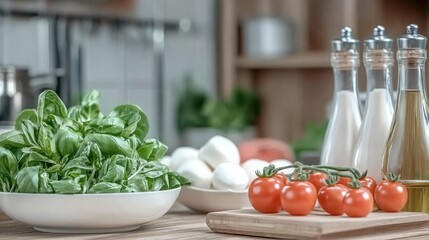 Capture the essence of Italian cuisine with this stunning image of a Caprese salad with mozzarella, vibrant cherry tomatoes, fresh basil, and drizzled olive oil, elegantly arranged on a rustic wooden