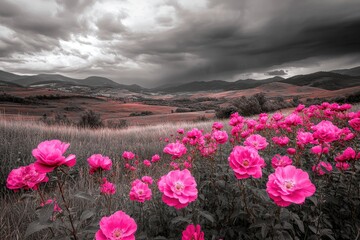 Fototapeta premium Vibrant pink flowers blooming in an open field during a stormy day.