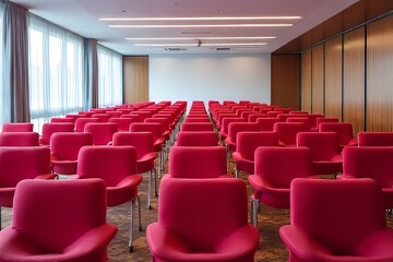 Fototapeta premium Empty Red Conference Room Chairs Ready for Event