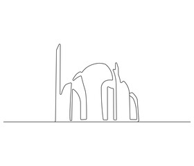 Continuous one line drawing of mosque. Single line drawing illustration of Islamic worship place. Ramadan kareem concept vector art. Doodle line illustration.