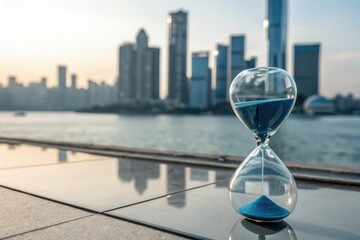 A modern hourglass sits on a reflective surface with a city skyline in the background during sunset, symbolizing the passage of time.