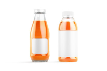 Blank transparent 16 oz plastic and glass carrot juice bottle mockup