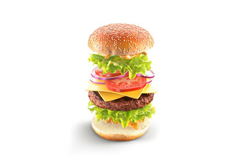 Beef hamburger with cheese and vegetables mockup ingredients, isolated