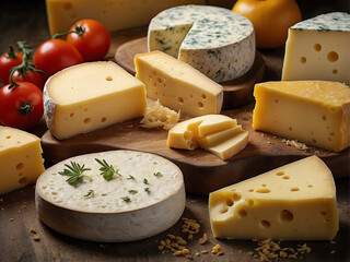 A close-up image focusing on various cheese textures. Some cheeses are smooth and creamy with a glossy finish, while others are crumbly and slightly rough. 