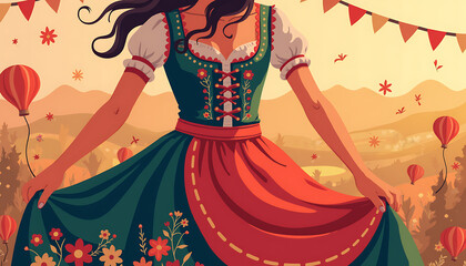 Fototapeta premium Woman in traditional dress dancing in a rustic landscape